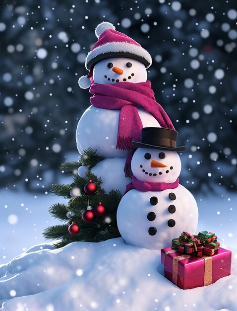 Photo snowman with christmas tree and gift christmas card