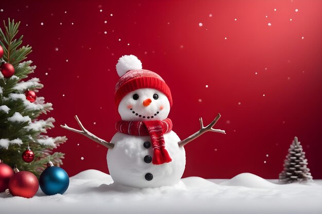 Снежный человек с рождественской елкой и украшениями на красном фоне