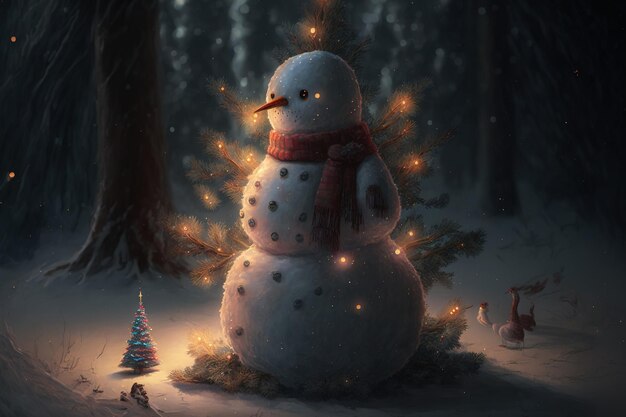 Snowman with Christmas trees and cones in the background new years idea