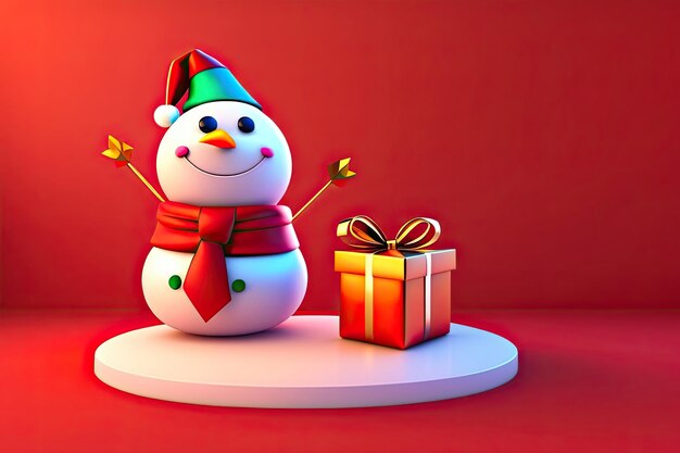 A snowman with a gift box on a red background