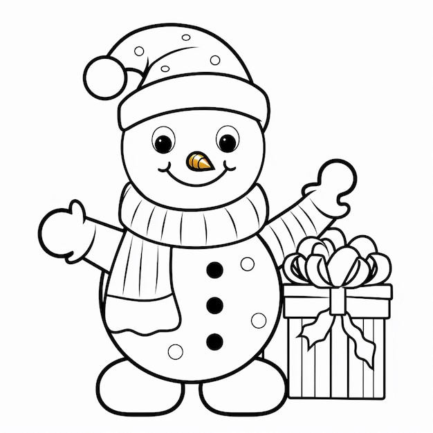 a snowman with a gift in his hand coloring page generative ai