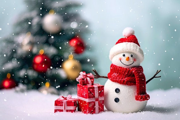 Snowman with gifts under the Christmas tree