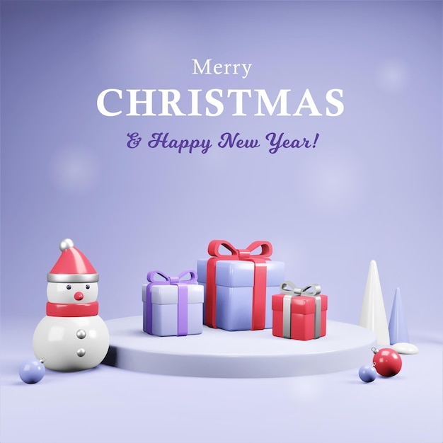 Snowman with gifts and podium Christmas or New Year banner Winter holiday composition Realistic 3d plastic design Decorative objects for Greeting card sale flyer background