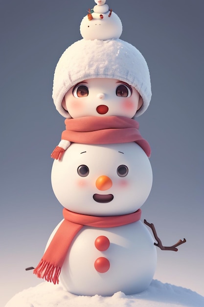 A snowman with a girl on top of it