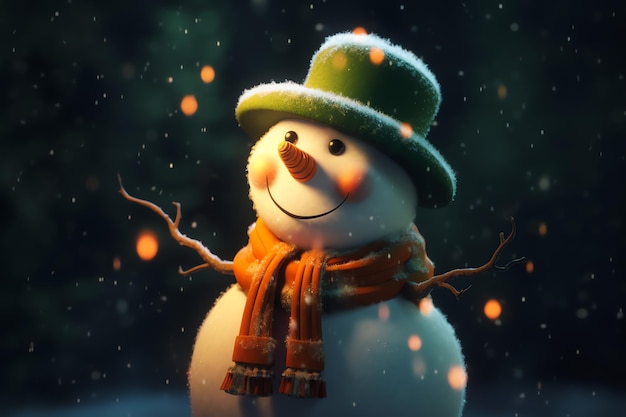 A snowman with a green hat and a green hat is standing in front of a dark background with lights.