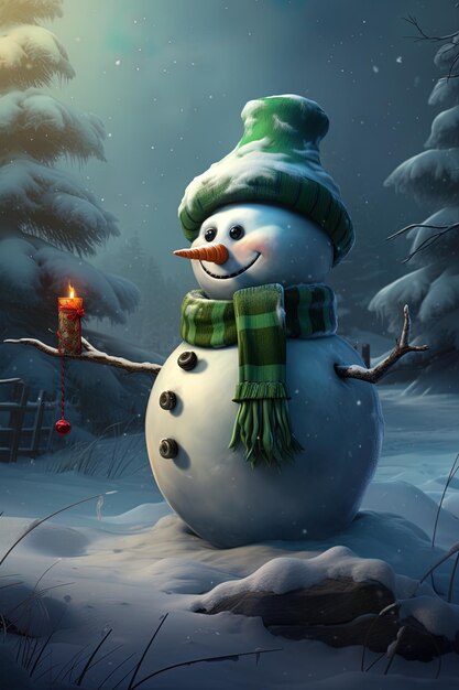 a snowman with a green hat and scarf and scarf stands in the snow