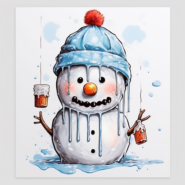 a snowman with a hat and a bucket of beer in the snow