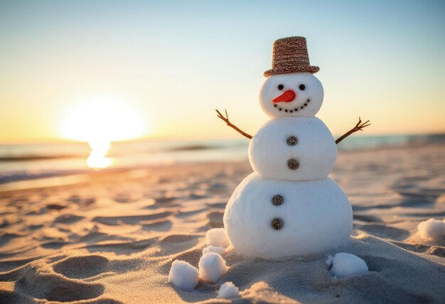 Snowman with hat and scarf on the beach christmas concept bokeh background Generative AI