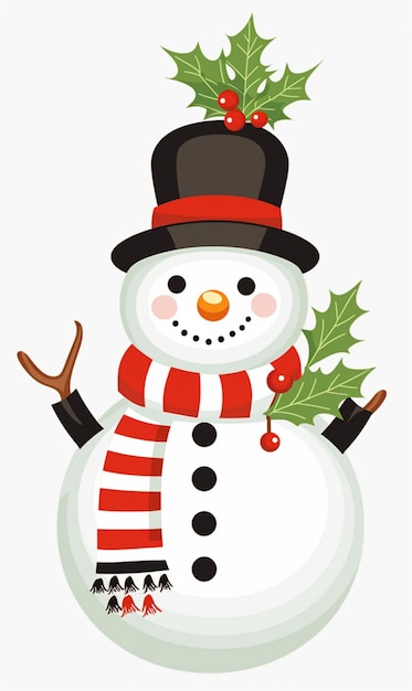 a snowman with a hat and scarf holding a holly branch generative ai