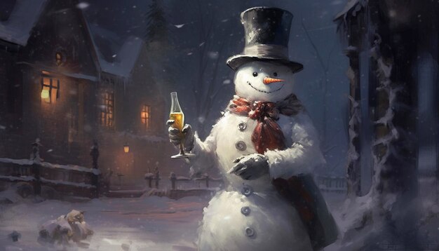 A snowman with a hat and scarf holds a glass of champagne.