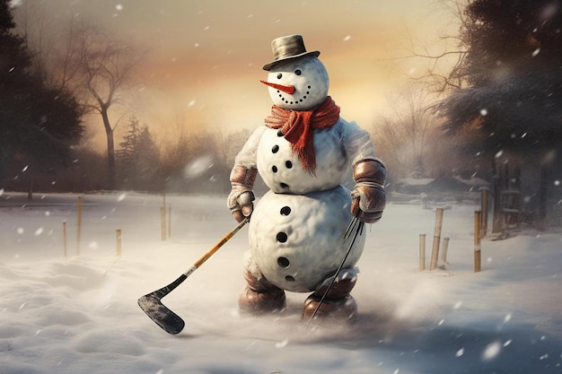 A snowman with a hat and scarf is playing in the snow.