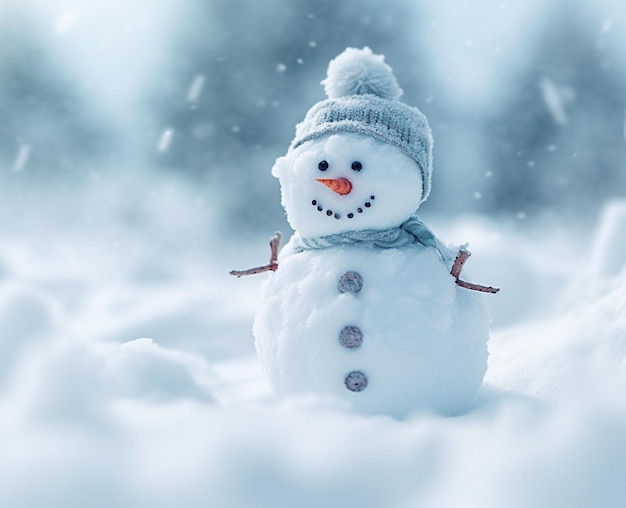 A snowman with a hat and scarf is in the snow