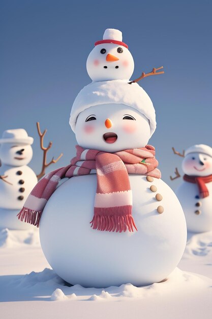 A snowman with a hat and scarf is standing in front of a blue sky.