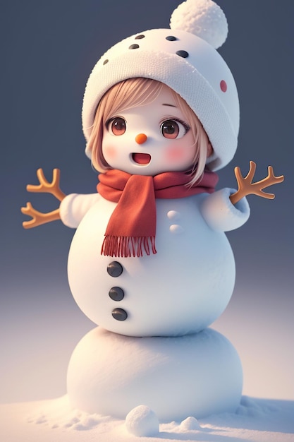 Photo a snowman with a hat and scarf is standing in front of a mirror.