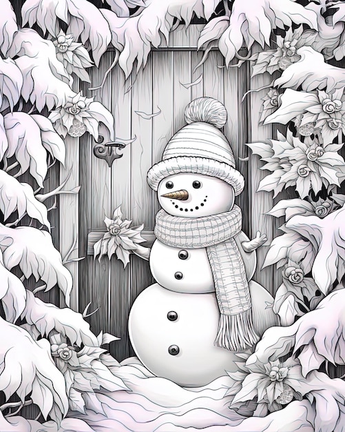 Photo a snowman with a hat and scarf is standing in front of a wooden fence