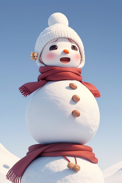 A snowman with a hat and scarf on it