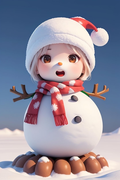 A snowman with a hat and scarf on it