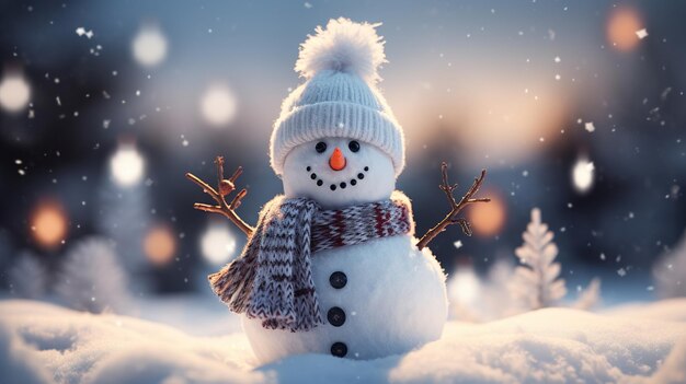Снеговик в шапке и шарфе на снегу.