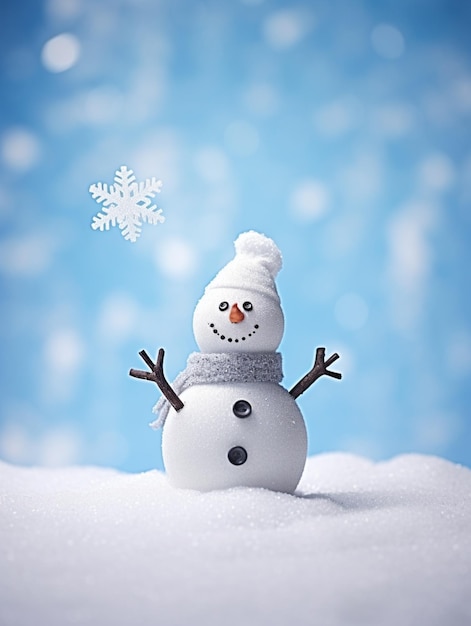 snowman with hat and scarf standing in snow with snowflakes in background generative ai