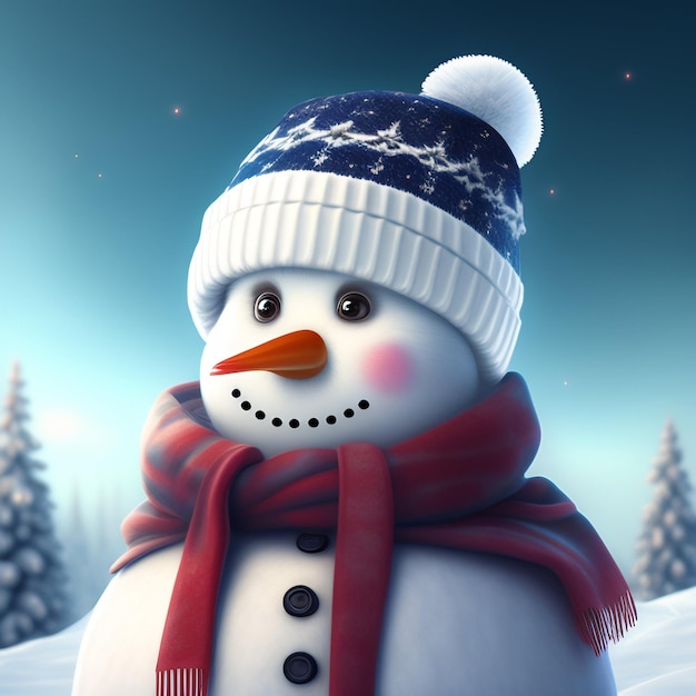 A snowman with a hat and scarf that says happy snow