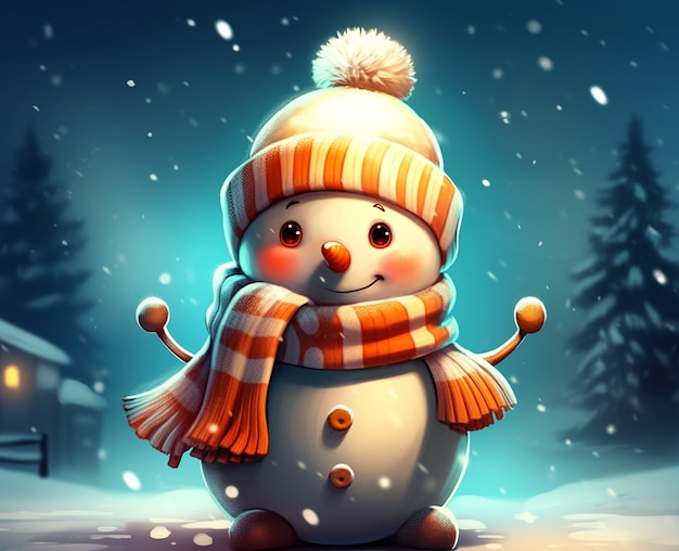 A snowman with a hat and scarf that says snow on it