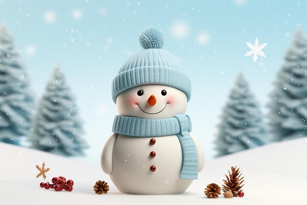 Snowman with a hat and scarf in the winter forest 3d rendering