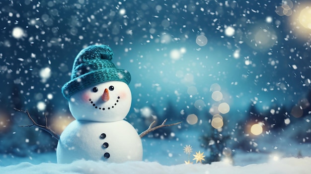 Snowman with hat and scarf in winter forest Christmas background Generative AI