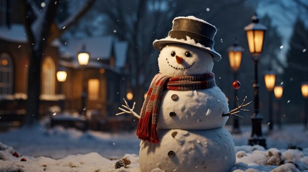 A snowman with a hat and scarf in a yard generative ai