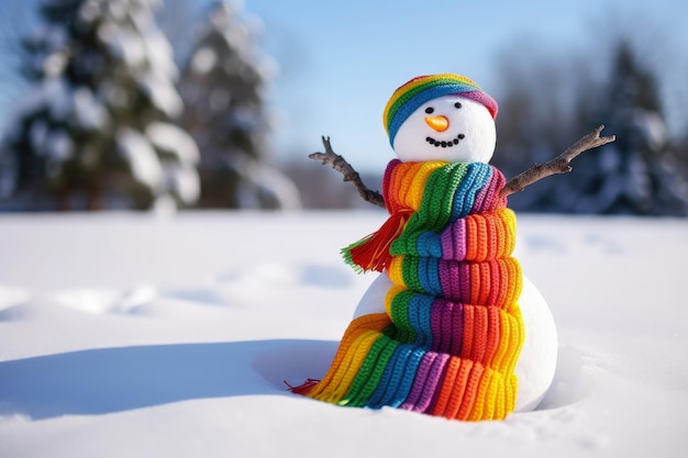 Snowman with the lgbt rainbow colors in a winter Christmas scene with snow pine trees and warm light Merry Christmas background