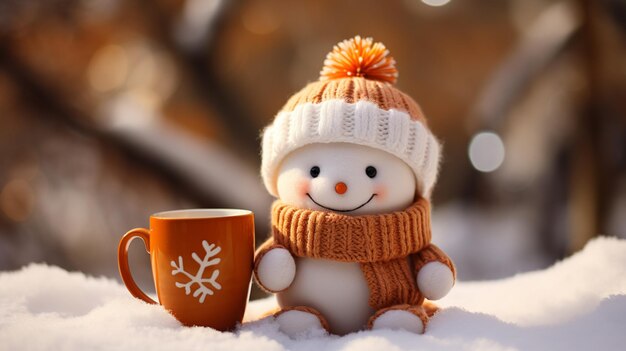 Photo snowman with a mug of tea