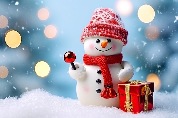 Snowman with New Year's gifts on a winter background with bokeh