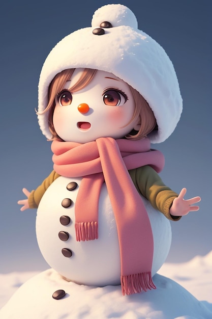 A snowman with a pink hat and a pink scarf