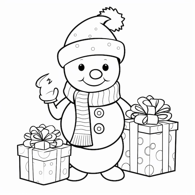 a snowman with presents coloring page generative ai