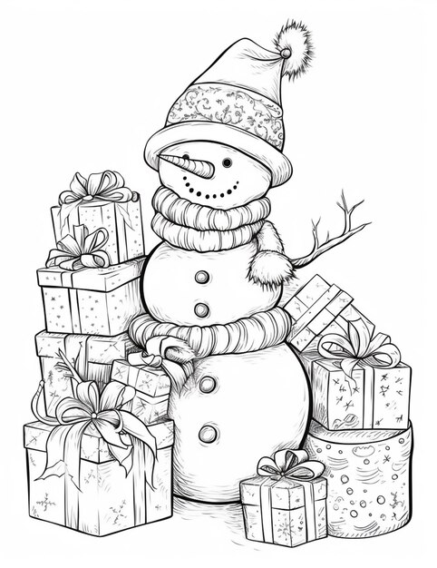 a snowman with presents and presents on a white background generative ai