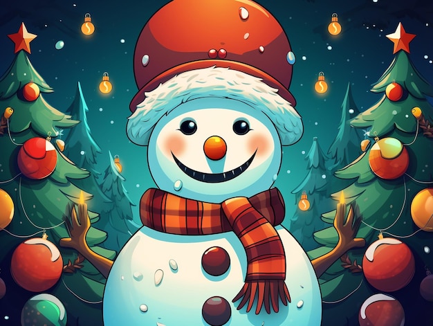 a snowman with a red hat is standing in front of a christmas tree