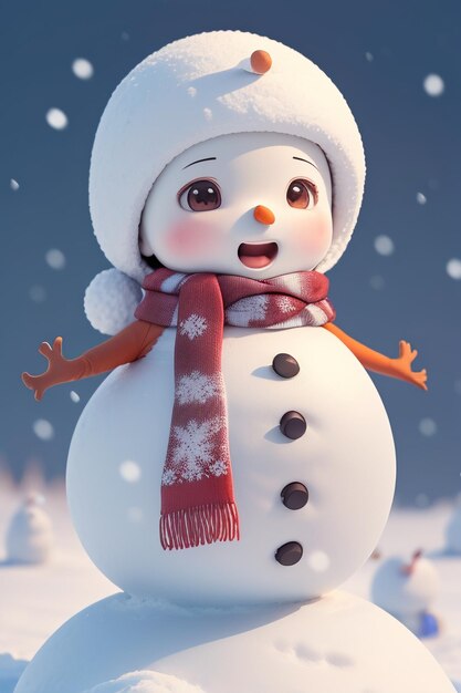 A snowman with a red hat and a red scarf is standing in the snow