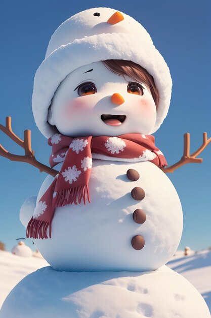 A snowman with a red hat and a red scarf stands in the snow