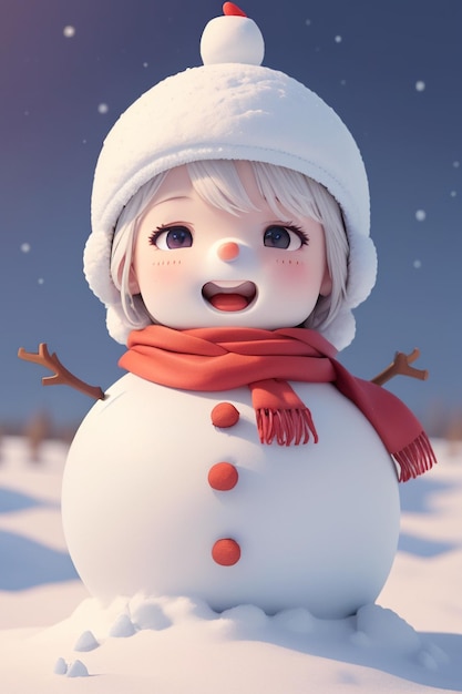 A snowman with a red hat and a red scarf