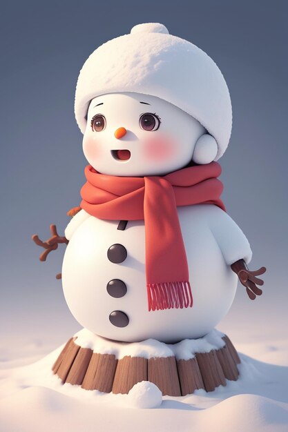 Снеговик в красной шапке и красном шарфе