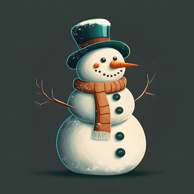 A snowman with a red hat and scarf is waving