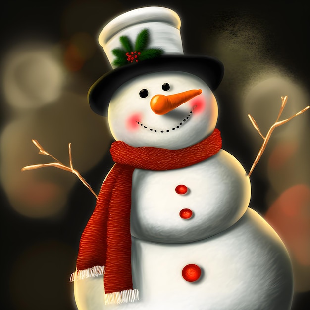 A snowman with a red hat and scarf is waving