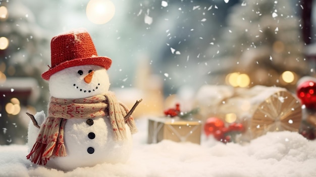 Снежный человек с красной шляпой и шарфом на снежном фоне Рождественское украшение