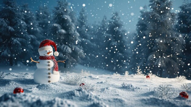 Snowman with red hat and scarf standing in snow