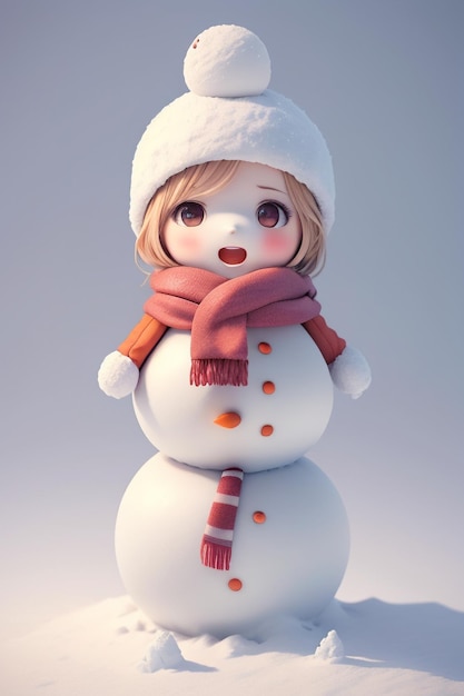 A snowman with a red hat and scarf that says " snow " on it.