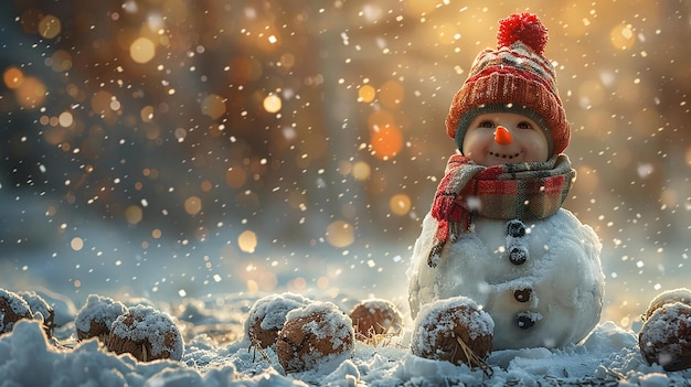 a snowman with a red hat and a snowman in the snow