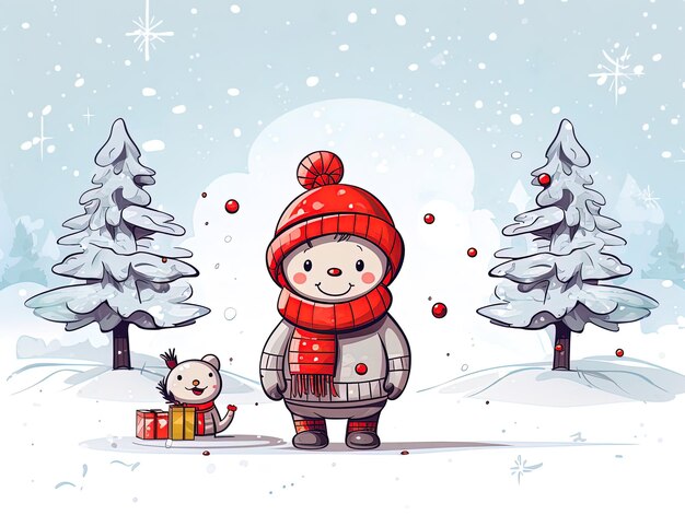 a snowman with a red hat and a teddy bear in a snowy forest