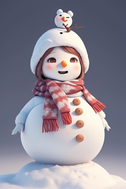 A snowman with a red scarf and a hat