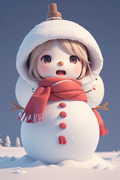 A snowman with a red scarf and a hat on