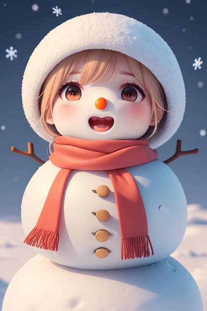 A snowman with a red scarf and a red hat