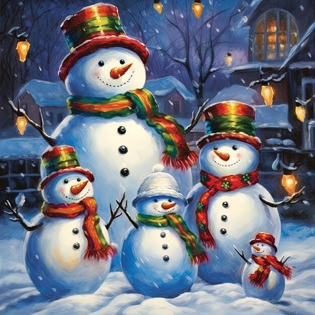 a snowman with a red scarf and a snowman in the background